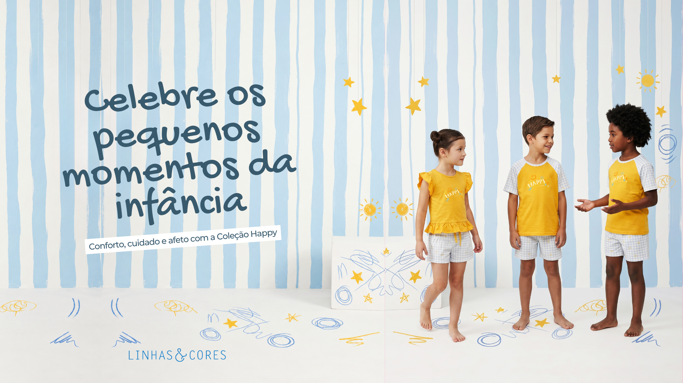 Crianças usando a Coleção Happy da Linhas & Cores em um cenário lúdico de infância.